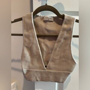 Babaton Beige Ribbed V-Neck Crop Top
